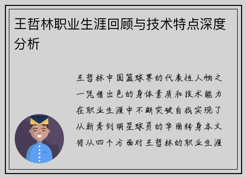 王哲林职业生涯回顾与技术特点深度分析